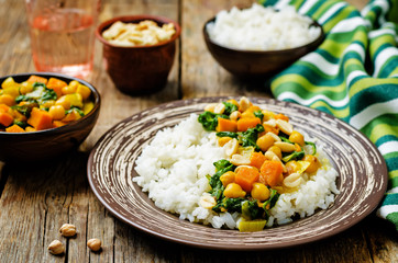 Sweet potato spinach chickpea curry with rice
