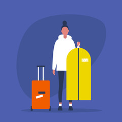 Young female character packing her clothes. Suitcase and suit cover. Luggage. Travel. Flat editable vector illustration, clip art