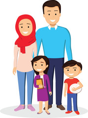 Vector colorful illustration of modern muslim family Modern muslim parents with two children boy and girl