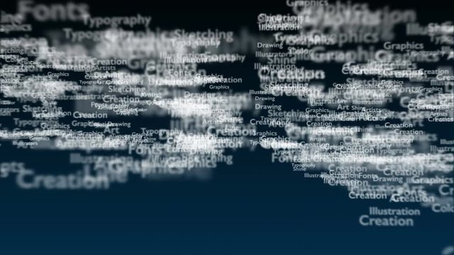 Deep blue background with different words, which deal with design. Close up. Copy space. 3D. Animatiom. 4K.