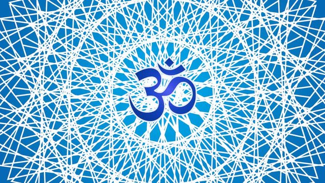 The rotation of the openwork circular mandala in blue  tone with the Aum / Ohm / Om sign in the center. Video clip.