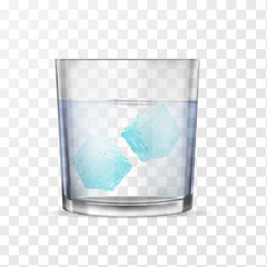 Glass with alcohol or water and two ice cubes.