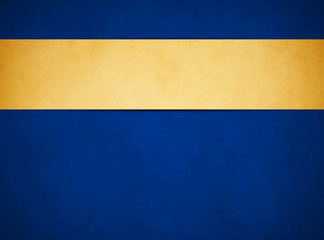 An elegant rich blue grunge texture background with a tan gold banner ribbon raised above. 