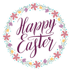 Happy Easter greeting card. Plum color script lettering inscription and wreath with floral ornament. Flower decor, round frame, calligraphic cursive. Pastel and dusty colors. Holiday illustration.