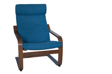 Comfortable wooden chair blue on a white background. Isolate.