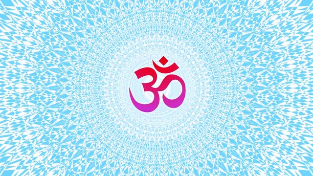 The rotation of the openwork circular mandala in blue, yellow, purple  tone with the Aum / Ohm / Om sign in the center. Video clip.