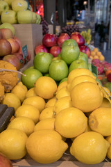 Fruit market with various colorful fresh fruits and vegetables