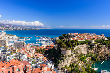 Cityscape and harbor of Monte Carlo. Aerial view of Monaco on a Sunny day, Monte Carlo, Principality of Monaco