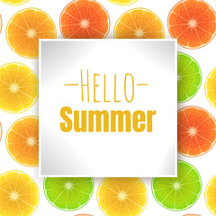 Hello Summer, inscription on the background with Fresh orange slices, lime and lemon in cartoon style. Vector illustration on seamless background.