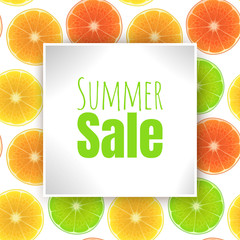 Summer sale banner design for promotion, colorful background with Fresh orange slices, lime and lemon in cartoon style, Vector EPS 10 illustration
