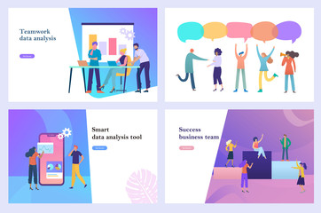 Obraz na płótnie Canvas Set of business vector website design illustration, people talking wih bubble speech, business people analyze data marketing, build a dashboard and interact with graphs. Data analysis, office, reward
