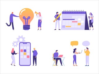 set of business people in the office, flat character talking at the office with bubble speech, planning, events and news, schedule, can use for, landing page, template, ui, web, homepage, banner