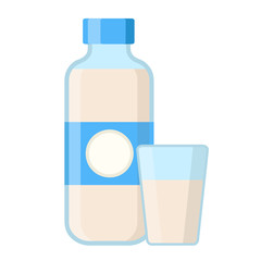 Milk bottle and glass in cartoon flat style on white, stock vector illustration