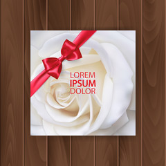 Greeting card cover with a beautiful white rose decorated with a red bow. Postcard on a wooden substrate, vector EPS 10 illustration