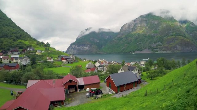 Norway, summer. Fjords Norwegian village Ungredal. Sea and mountains. View from above