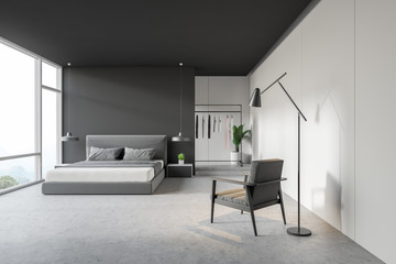 Modern design grey bedroom interior.