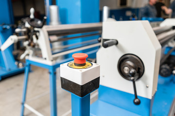 Emergency stop button. Production rolling tool, electric machine. the production of ventilation and gutters. Tool and bending equipment for sheet metal.