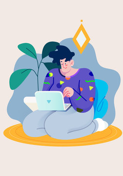 Illustration of teenage boy working on laptop