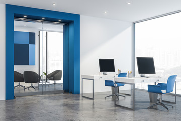 Blue office waiting room and computer area