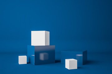 Blue and white cubes of all sizes