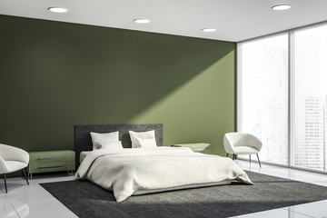 Fototapeta na wymiar Moder design green bedroom interior. With window city veiw