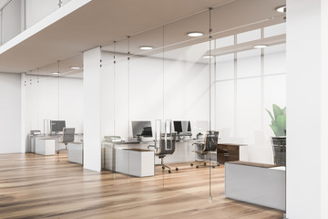 Wooden floor office lobby, glass walls