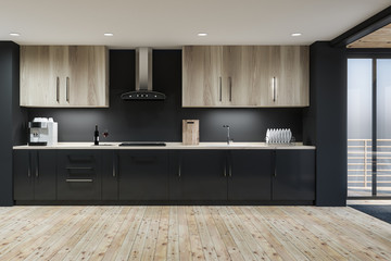 Wooden style kitchen interior. Open space.