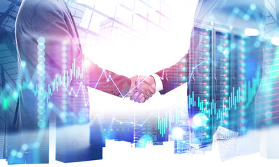 Handshake in server room, business