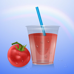 Juice mockup isolated on blue background, 3d illustration. Realistic plastic Cup of tomato juice and ripe tomato vector illustration