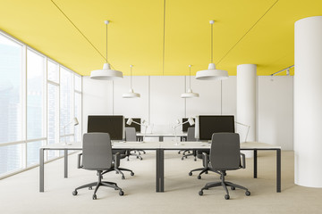 Yellow ceiling open space office close up