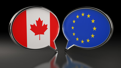 Canada and European Union flags with Speech Bubbles. 3D Illustration