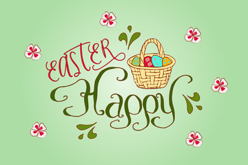 Decorative greeting card of happy easter on light green background with spring flowers and easter basket with eggs