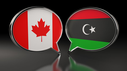 Canada and Libya flags with Speech Bubbles. 3D Illustration