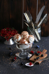 white ice cream with chocolate and red currants