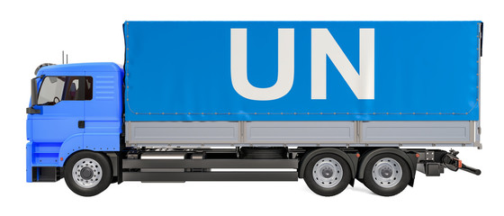 Humanitarian cargo from UN concept. Truck with UN flag, 3D rendering