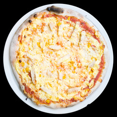 Pizza Chicken Sauce Hollandaise Teller Draufsicht freigestellt