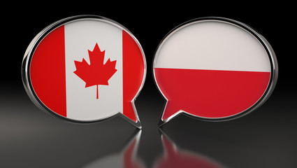 Canada and Poland flags with Speech Bubbles. 3D Illustration
