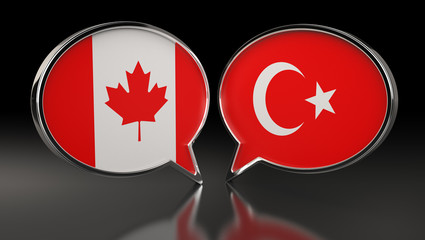 Canada and Turkey flags with Speech Bubbles. 3D Illustration