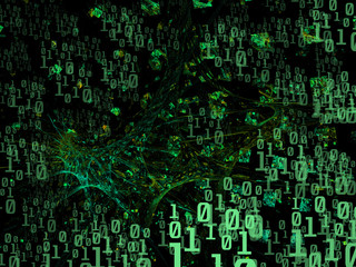Data streams in cyberspace. Programming and binary code. Green techno 3d illustration in perspective.