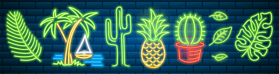 Set of fashion neon sign. Cactus and pineapple, tropical plants, palm trees and leaves. Night bright signboard, Glowing light banner. Summer logo for Club or bar on dark background. Editable vector. © artbalitskiy