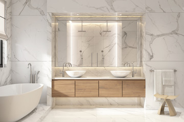 3d rendering of a modern white marble bathroom