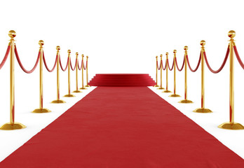 Golden barrier with red rope isolated on white background. Clipping path included. 