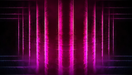 Dark tunnel with neon lights, lines, spotlights. Abste dark background with neon.