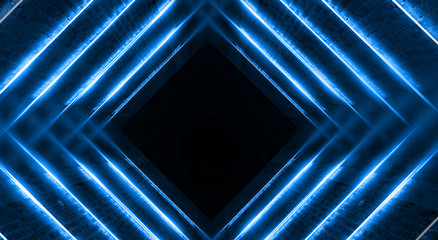 Dark tunnel with neon lights, lines, spotlights. Abste dark background with neon.