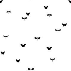 The seamless pattern with black dragonflies and butterflies on a white background. Vector.