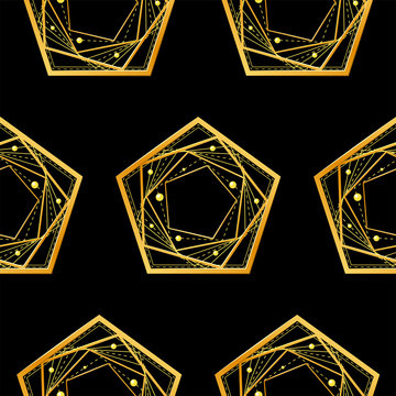 Seamless pattern. Simple abstract golden geometric shapes from intersecting lines, pentagons on black background. Eps10 vector illustration.