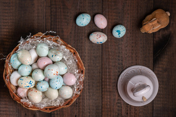 Basket full of Easter eggs and bell