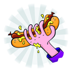 Hand holding HoT Dog with mustard, vector in comic and  Pop Art style