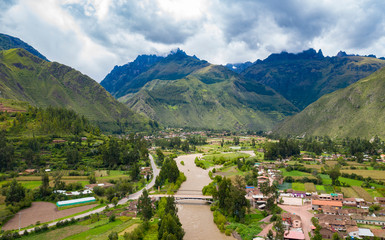 Aerial view of river at the Sacred Valley of the Incas near Urubamba town. Mountains alpine...