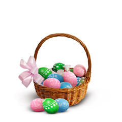 Colorful Easter eggs and lamb in an Easter basket